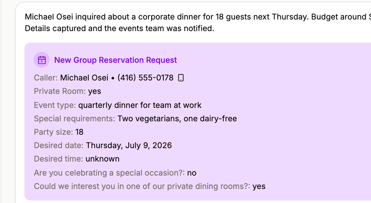 A real Tablevoice group reservation brief: party size, budget, dietaries, date. Captured on the call