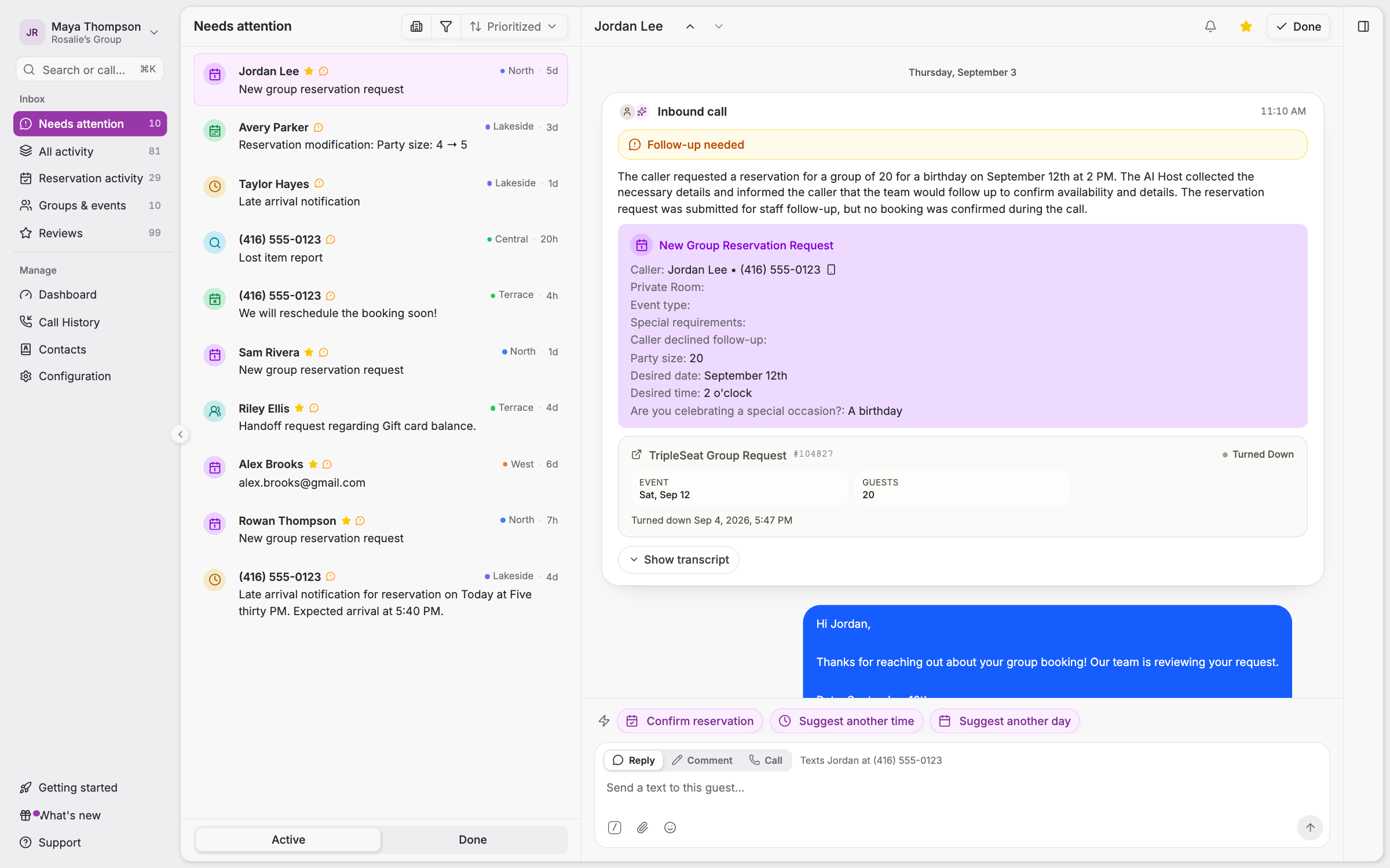 Tablevoice Team Inbox with requests from several venues, an open group inquiry, guest messages and suggested replies