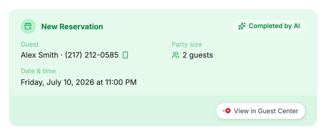 A reservation card in the Tablevoice Team Inbox with a one-tap View in Guest Center link